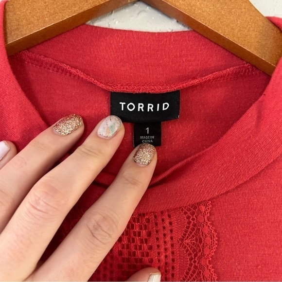 Torrid Coral Cranberry Mockneck Flutter Sleeve Skater Dress 1X Boho Bohemian - Picture 5 of 11